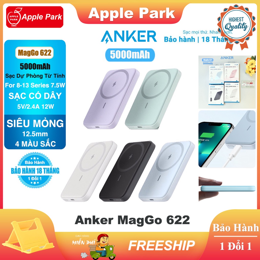 Sạc Dự Phòng Không Dây Anker MagGo 621 622 5000mAh,cho 12/13 Series Sạc không dây từ tính 5W/7.5W,Sạc có dây 12W