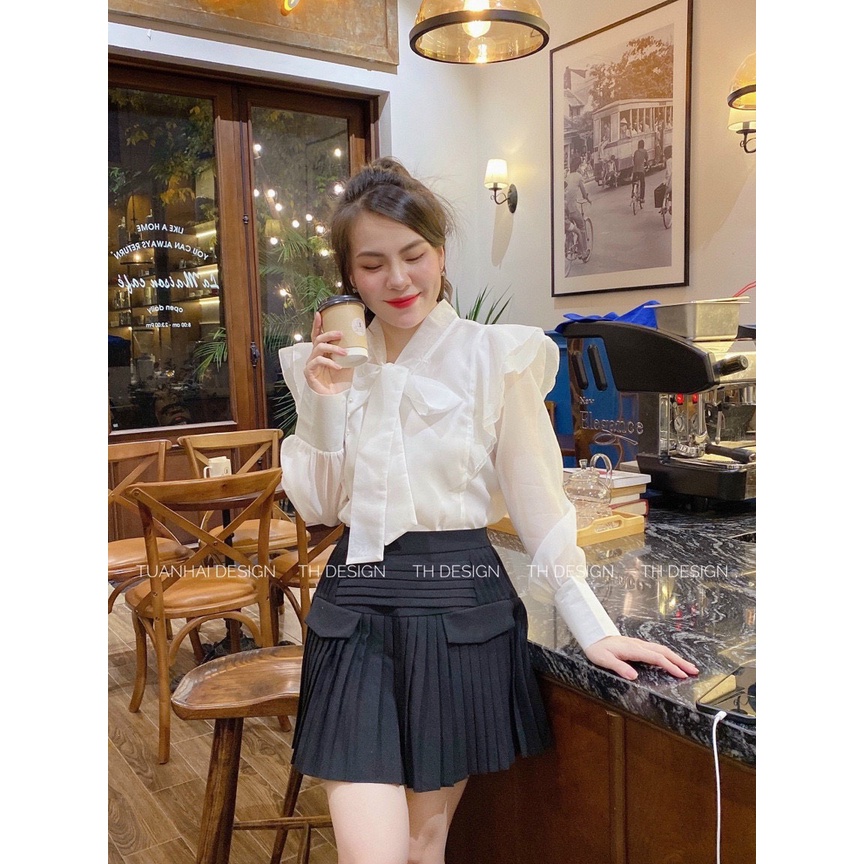 Áo sơ mi nơ vai viền bèo siêu xinh - Hàng L1