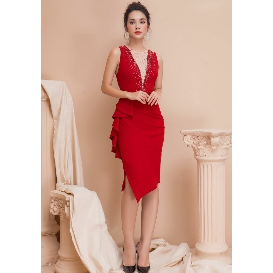 Đầm váy cổ tim phối lưới đính hạt đá 2302 (kèm hình thật - CÓ BIG SIZE)