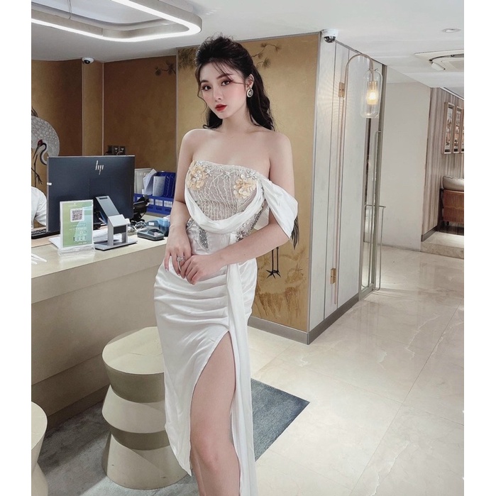 MS1228y ĐẦM PHI LỤA RỚT VAI ĐÍNH KS FULL SIZE S/M/L/XL