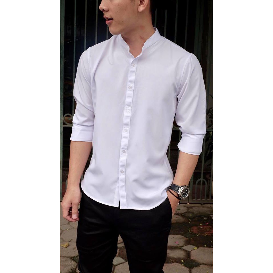 Sơ Mi Nam Cổ Tàu Chất Lụa Mịn Màu Đen Dáng Body Lịch Lãm | BigBuy360 - bigbuy360.vn