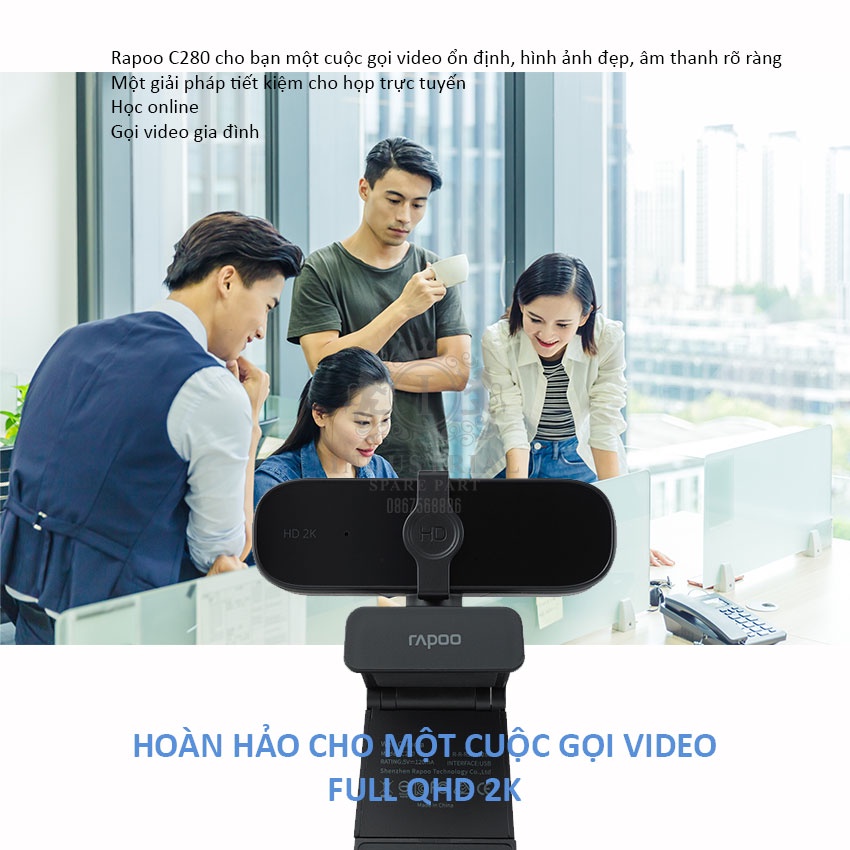 Webcam Rapoo C280 QHD 2K Live Stream, dạy học online, gọi điện video, webcam họp trực tuyến Hàng chính hãng