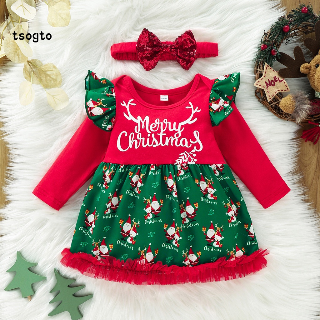 Đầm cotton tay dài in họa tiết ông già noel kèm băng đô xinh xắn cho bé gái