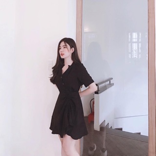 ĐẦM SƠMI ĐEN RÚT EO