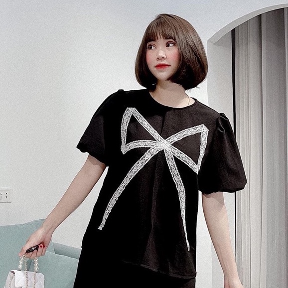 Bộ ngủ nữ trơn màu đen nơ trắng tay ngắn cổ tròn, bộ nữ mặc nhà, bộ ngủ nữ tay phồng T-FASHION 24H PN2