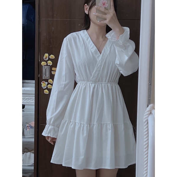 Thanh lý pass váy babydoll đắp chéo màu trắng vải ít nhăn dày dặn 2 lớp