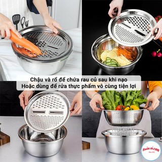 Bộ bào nạo rau củ đa năng, Kiêm rổ Và Chậu Inox cao cấp đa năng