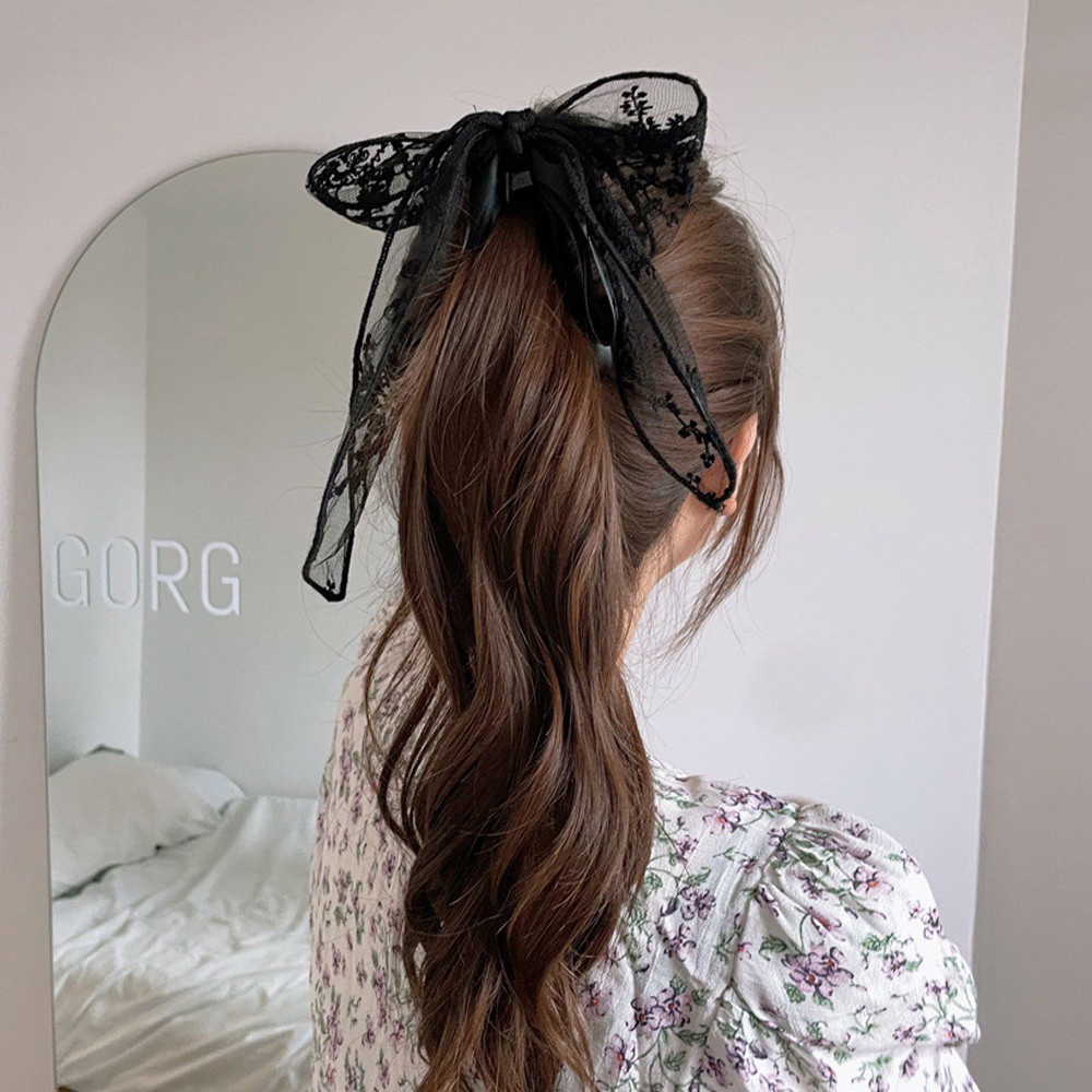 Kẹp Tóc Hình Nơ Phối Ren Đính Ngọc Trai Phong Cách Hàn Quốc