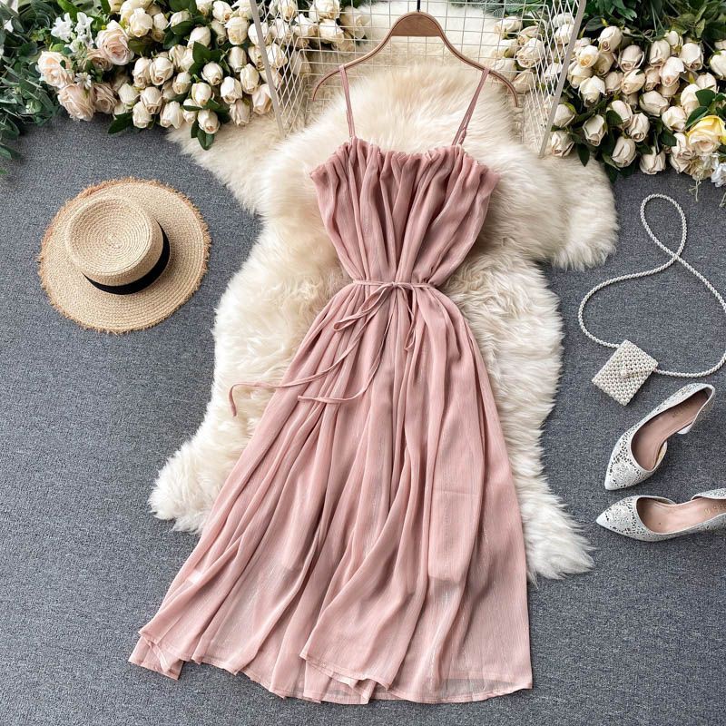 🍑order🍑 đầm voan xếp ly cột eo (ảnh thật)