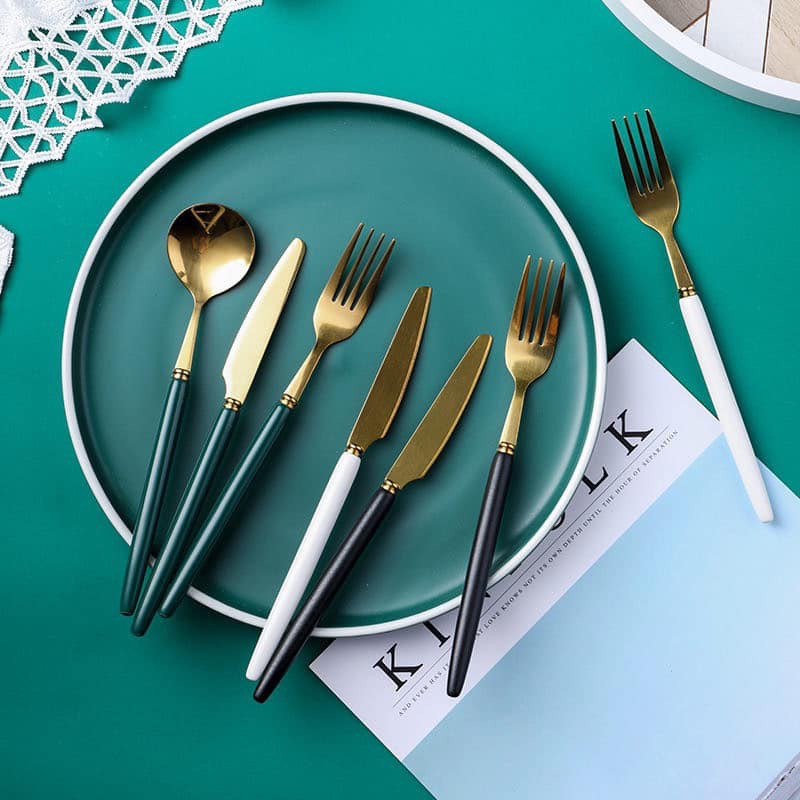 Bộ Dao,dĩa, muỗng, thìa chất liệu Inox 304 vàng bóng cao cấp cán sứ, dụng cụ bàn ăn, đồ decor nhà bếp | BigBuy360 - bigbuy360.vn