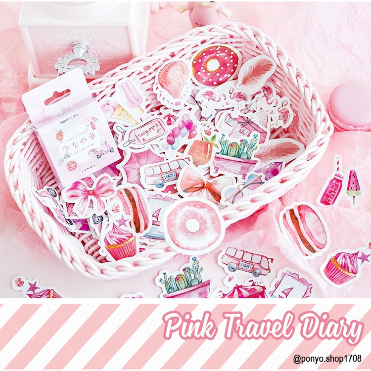 📔 Hộp 46 sticker nhãn dán Pink Travel Diary trang trí Scrapbook