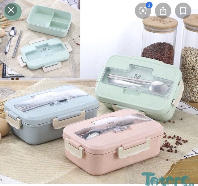 Hộp Đựng Cơm Lúa Mạch 3 Ngăn Tặng Kèm Muỗng Đũa Inox