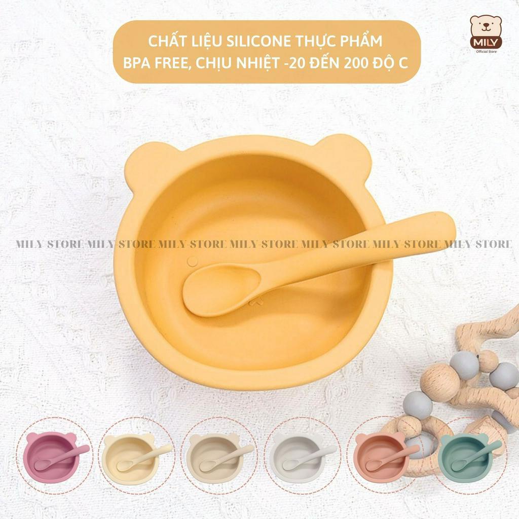 Bát ăn dặm chính hãng Mily silicone hình gấu đế hít chống đổ