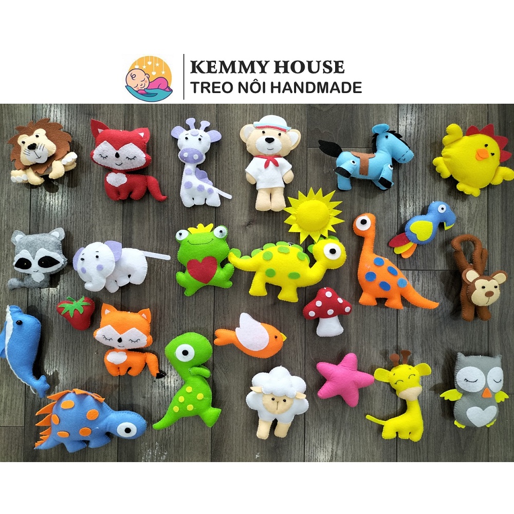 (May thủ công sẵn dây treo) Link 1- Con thú treo nôi, cũi, treo kệ chữ A cho bé bằng vải nỉ handmade
