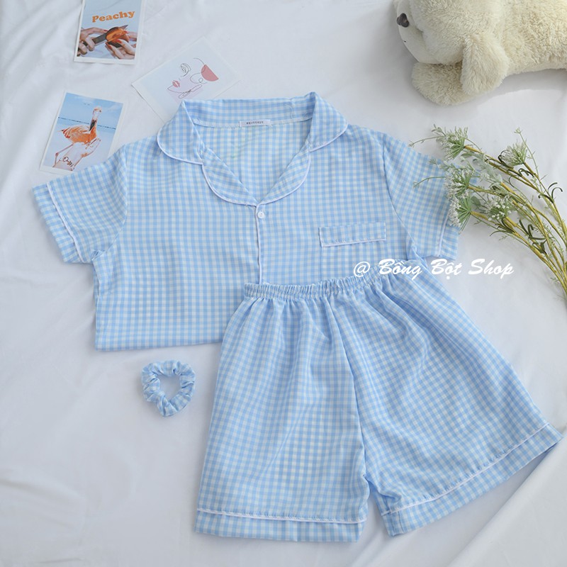 BỘ ĐỒ NGỦ MẶC NHÀ THÔ KẺ CARO HOT TREND 2021 (TẶNG KÈM SCRUNCHIES)