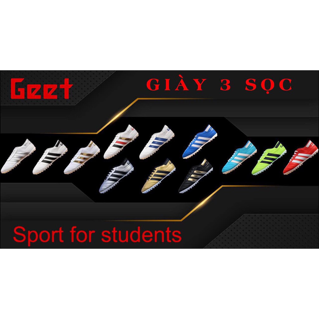 GIÀY ĐÁ BÓNG SÂN CỎ NHÂN TẠO THƯƠNG HIỆU GEET 3 SỌC (tặng 1 đôi tất chân)