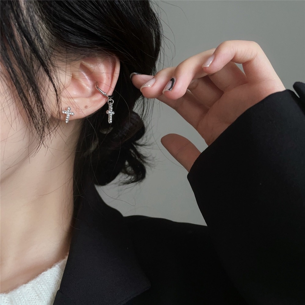 Hoa Tai Mạ Bạc 925 Hình Chữ Thập Đính Đá Phong Cách Retro Hàn Quốc