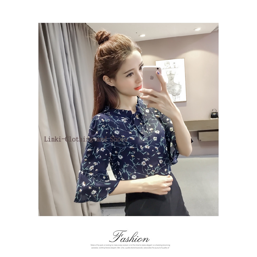 Áo sơ mi chiffon phong cách Hàn Quốc tay loe họa tiết in hoa cho nữ