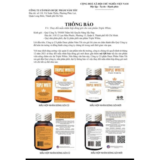 Viên uống chống nắng trắng da 𝐓𝐑𝐈𝐏𝐋𝐄 𝐖𝐇𝐈𝐓𝐄
