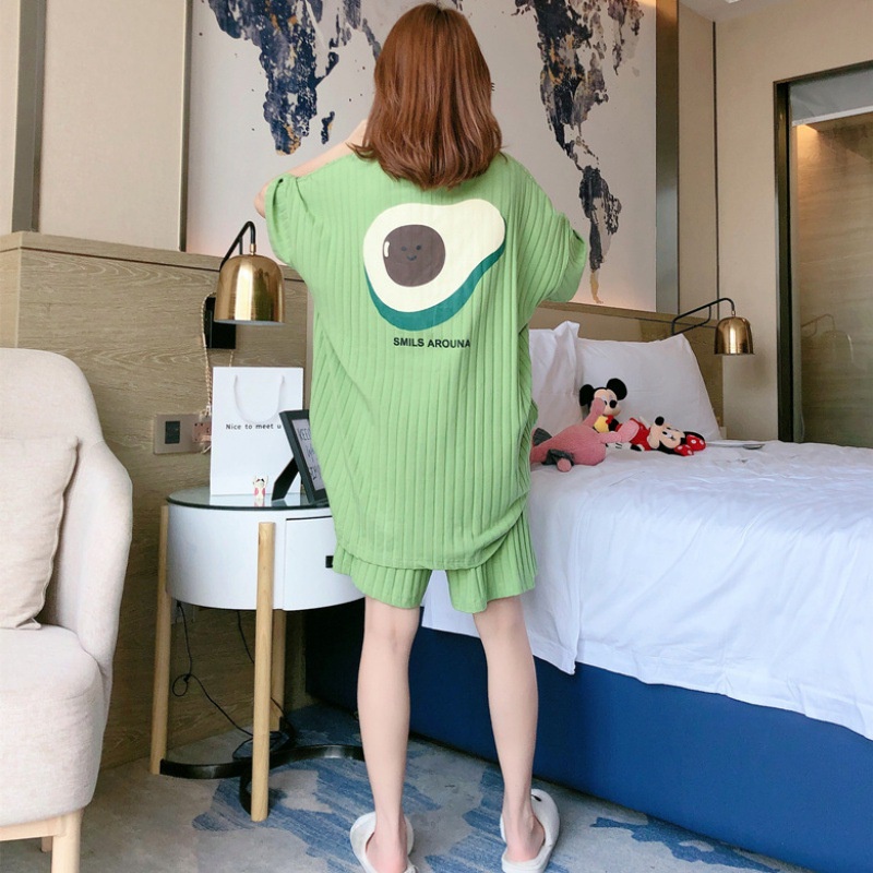 Bộ Đồ Ngủ Ngắn Tay Dáng Rộng Cỡ Lớn Họa Tiết Kẻ Sọc In Hình Quả Bơ Thời Trang Mùa Hè Cho Nữ 2021
