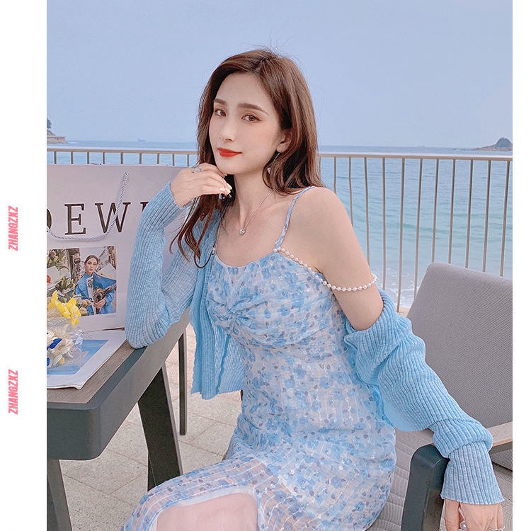 2021 new skirt French design sense of minority wear fishtail purple broken flower suspender dress for women in summer