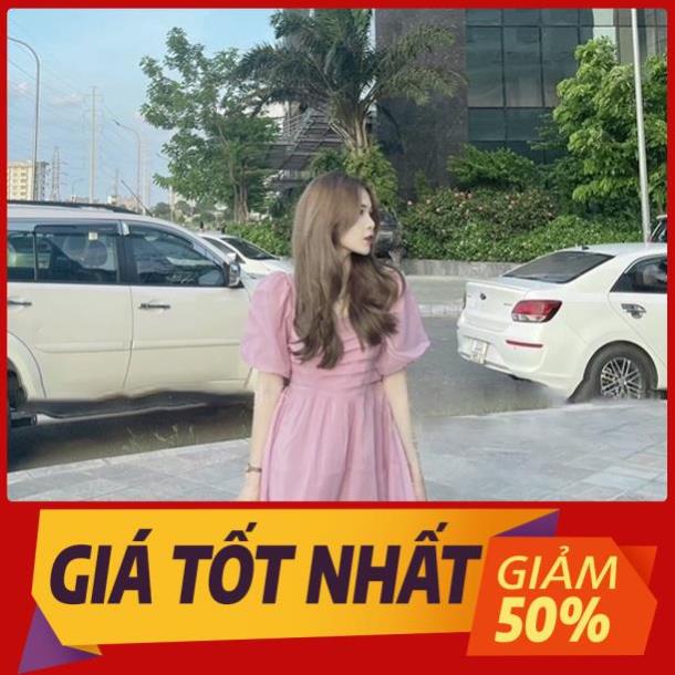 Váy babydoll suông chất tơ cổ vuông đầm bầu xòe tay phồng thắt nơ sau lưng phong cách Hàn Quốc ©️