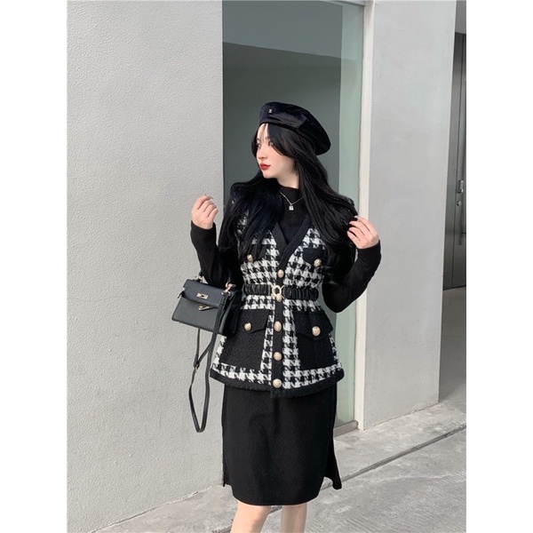 Set 3 món váy len tăm mix ghile dạ ziczac cúc đồng kèm đai hàng dày dặn cao cấp