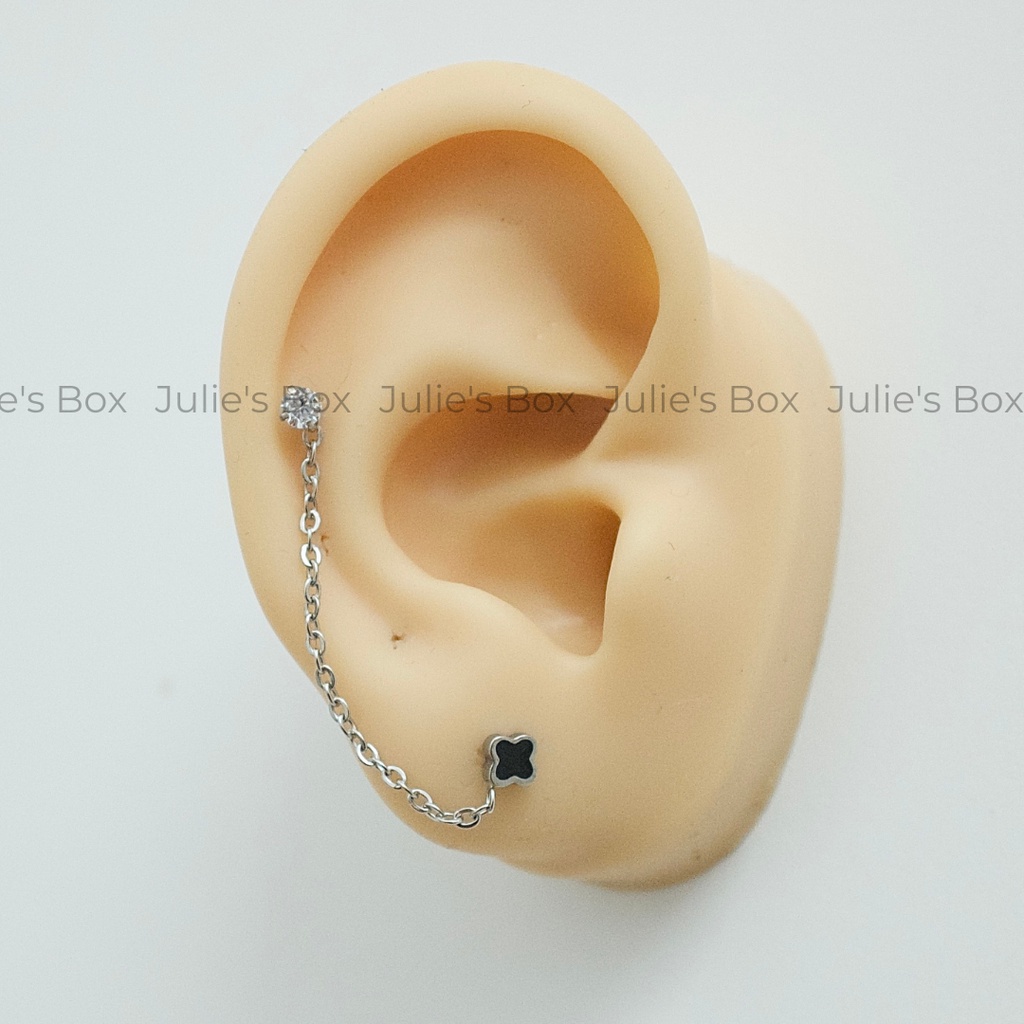 Khuyên Tai 2 Lỗ Xỏ 1 Đá Tròn 1 Cỏ May Mắn Dây Nối Titan Không Gỉ Sét Không Ngứa Không Đen Julies Box