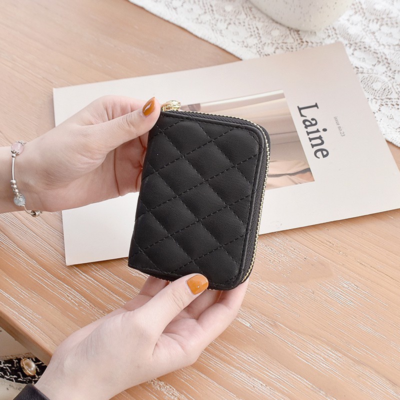 Ví Ngắn Nữ Cầm Tay Đựng Thẻ Khóa Kéo Sọc Caro V558 Kiểu Dáng Dễ Thương Phong Cách Hàn Quốc