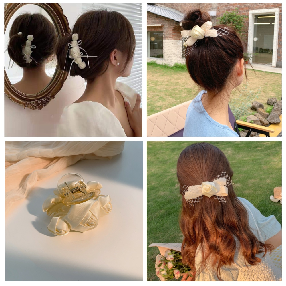 Kẹp tóc/ Dây cột tóc hình hoa hồng màu trắng phong cách Retro cho nữ