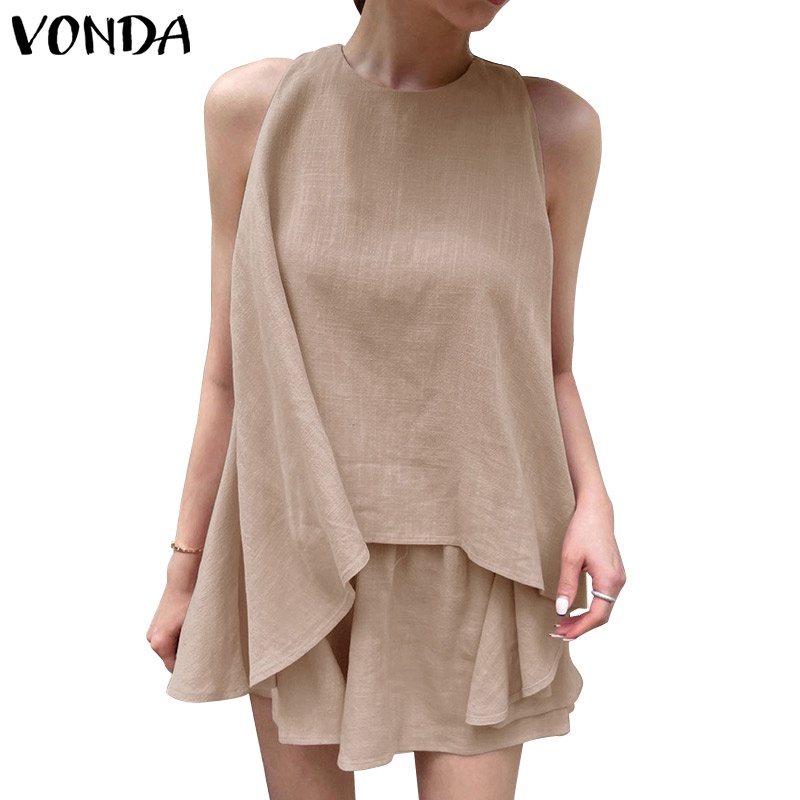 Bộ đồ VONDA với áo không tay màu trơn và quần ngắn lưng thun phong cách Hàn Quốc thời trang dành cho nữ