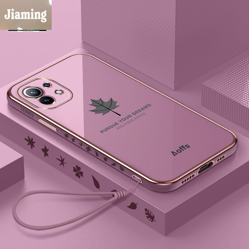 Ốp Điện Thoại Mạ Điện Họa Tiết Lá Phong Sang Trọng Kèm Dây Đeo Cho Xiaomi 11 Lite 11 Pro 11 Ultra