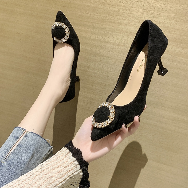 Giày cao gót da lộn mũi nhọn phong cách phương tây cho nữ