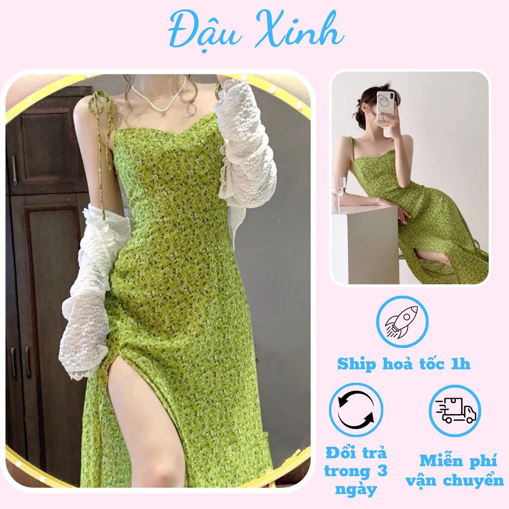 Đầm đi biển hai dây váy dáng dài màu xanh lá - V563