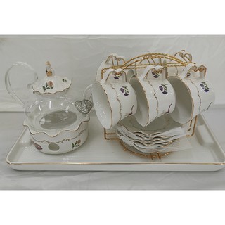 BỘ ẤM CHÉN KÈM KHAY VÀ GIÁ TREO CỐC HOA HỒNG NỔI VÀ HOA TÍM