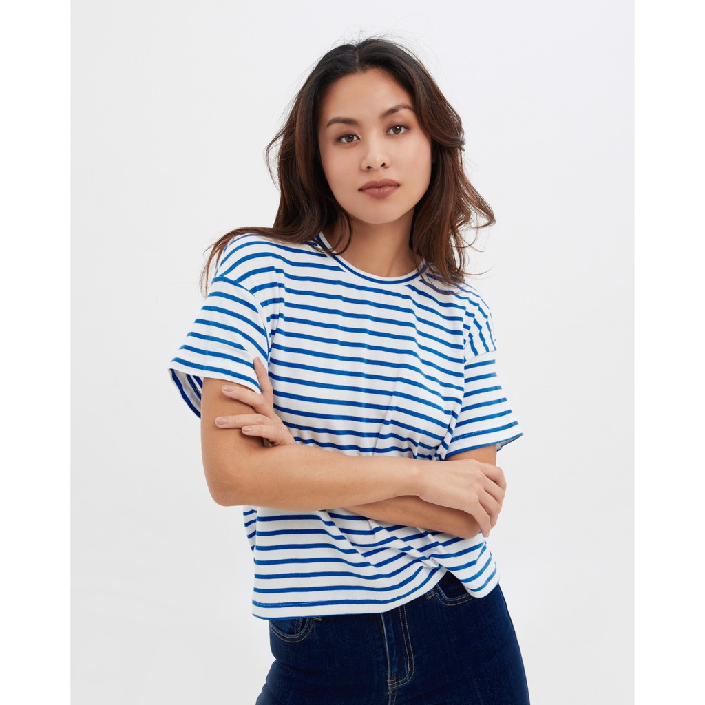 TheBlueTshirt - Boxy Blue Striped T - Áo thun kiểu trắng sọc xanh