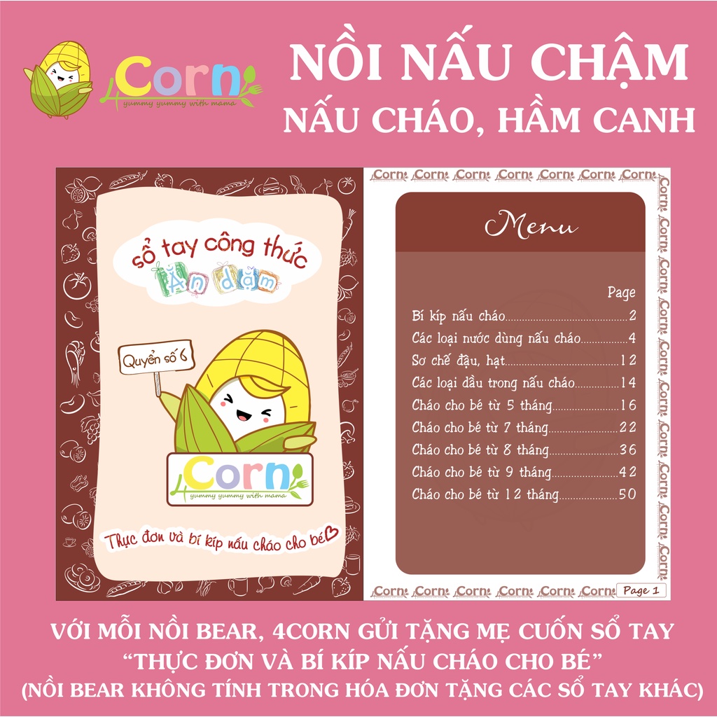 [BẢN QUỐC TẾ] Nồi nấu cháo chậm Bear - Tặng sổ tay &quot;Thực đơn và bí kíp nấu cháo cho bé&quot;  - size 0.8L và 1.6L