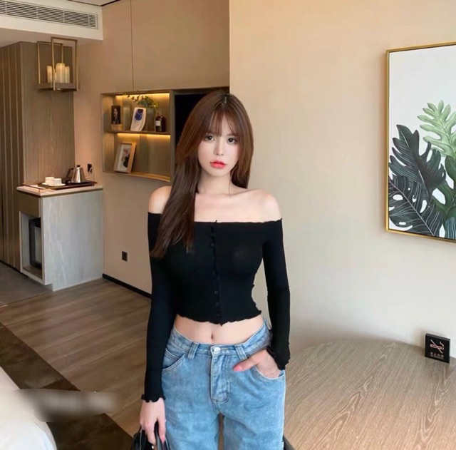 Áo len cúc cổ thuyền dáng ngắn, Áo len Croptop dài tay sexxy AL7108 - NhiNhiShop
