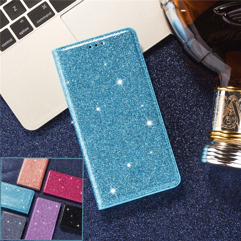 Bao da điện thoại kiểu ví thẻ gập từ tính hình ngôi sao lấp lánh cho Xiaomi 11 Ultra Redmi 9 9A 9C Note 8T K40 Pro F3