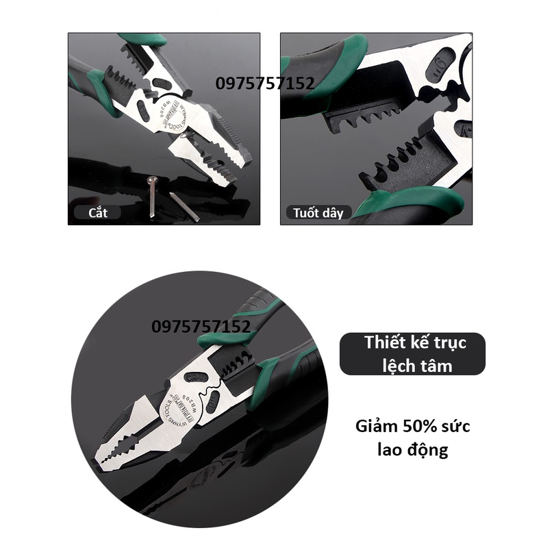 Kìm răng điện đa năng WYNN'S 9''/225mm, kìm cắt dây điện cáp quang dây thép cao cấp, kềm vạn năng cắt ngọt lưỡi siêu bén