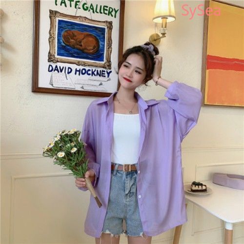 Áo sơ mi cổ đứng tay dài chất chiffon thiết kế dáng rộng che khuyết điểm thời trang