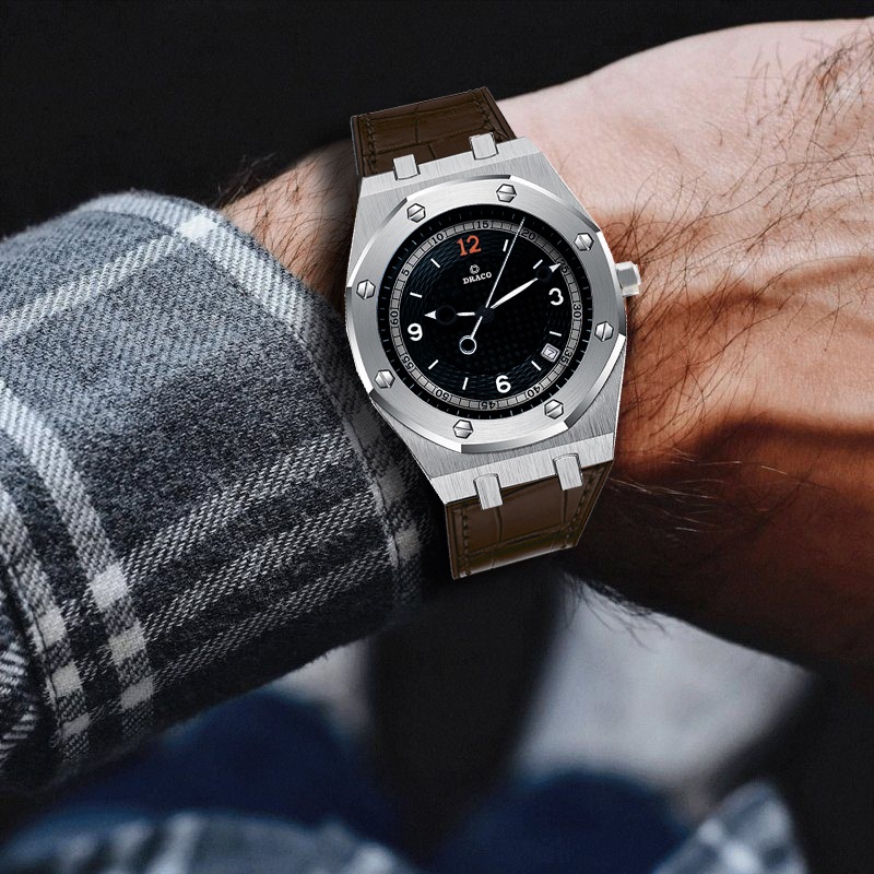 Đồng hồ nam Draco D22-DR05 “Wellerman” đen kết hợp chất liệu dây da bò màu nâu - thời trang nam thể thao