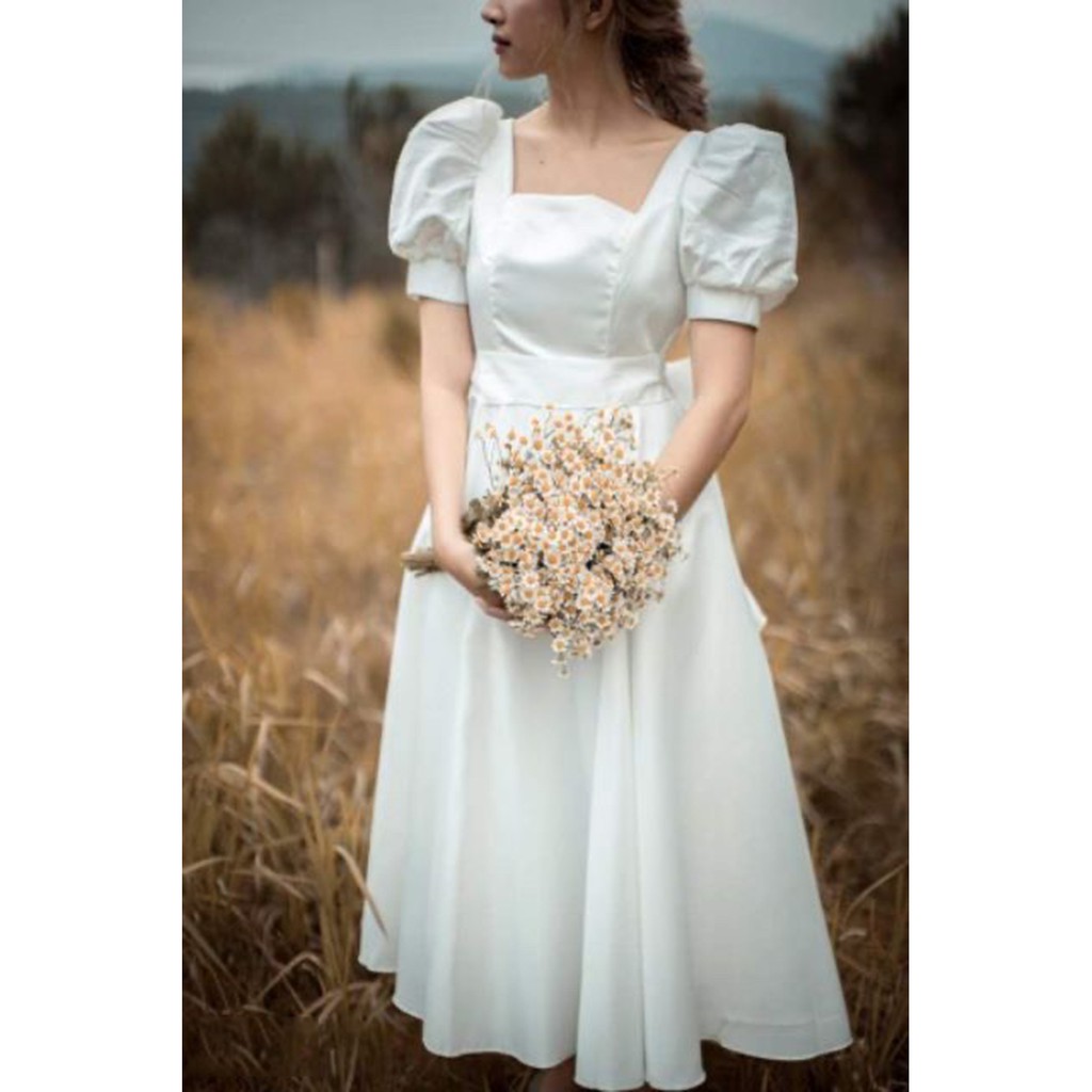Đầm váy nữ dự tiệc maxi trắng dáng dài tiểu thư tay phồng cổ vuông nơ sau chất Lụa Mango cực đẹp QD MT005
