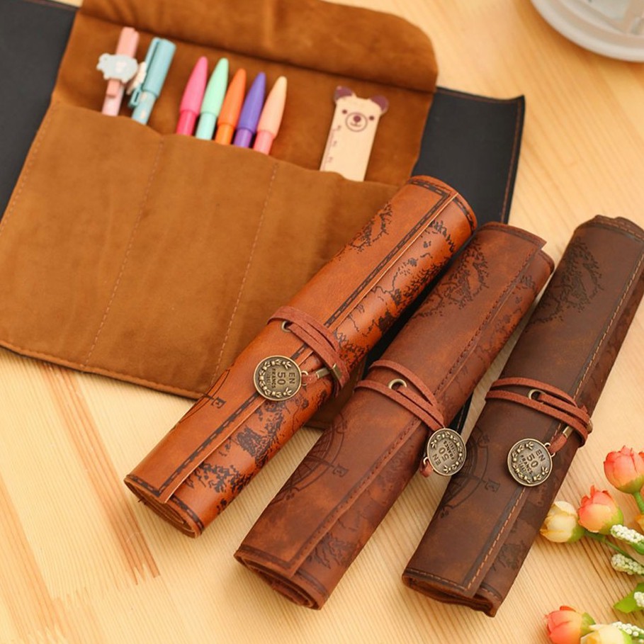 Bóp Da Cuộn Đựng Bút Hình Bản Đồ Kho Báu Kiểu Retro Sang Trọng