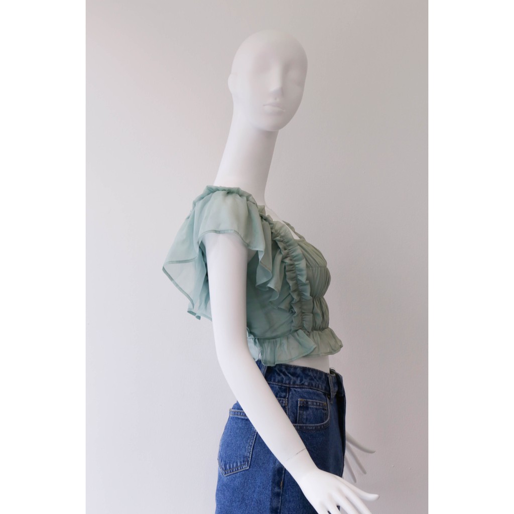 Áo voan freesize HEYBEE phom ngắn nhún bèo (2 màu) - BLUE BELL TOP HT630.