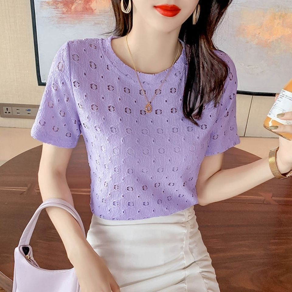 Áo Thun Tay Ngắn Cổ Tròn Phối Ren Thời Trang Mùa Hè Phong Cách Hàn Quốc Cho Nữ