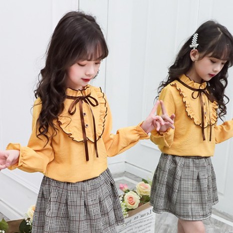 Set đồ gồm chân váy và áo sơ mi tay dài phong cách Hàn Quốc thời trang cho bé gái 4-12 tuổi