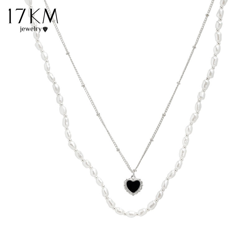 Vòng cổ 17KM mạ bạc mặt hình trái tim đính ngọc trai nhân tạo thời trang cho nữ