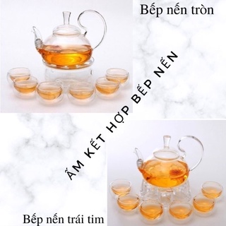 Bộ ấm chén thuỷ tinh pha trà hoa, có đế đốt nến