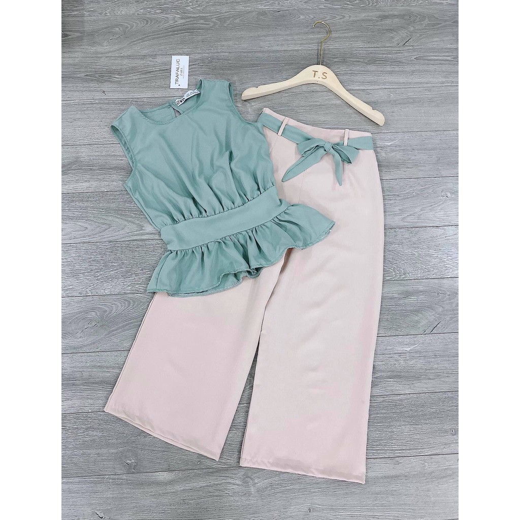 Set áo nơ xanh kèm quần ống xuông